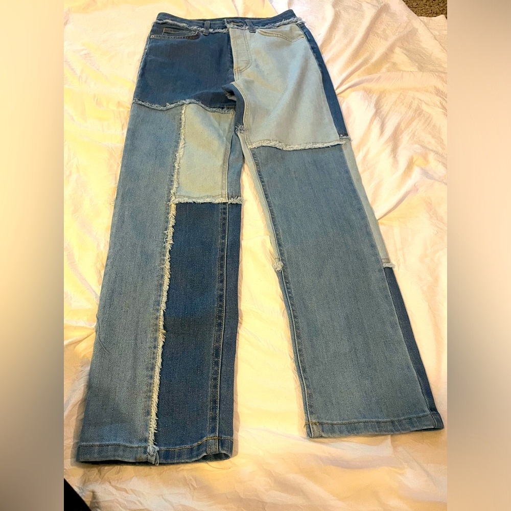 Patchwork Jeans Slightly Flare with Fringe